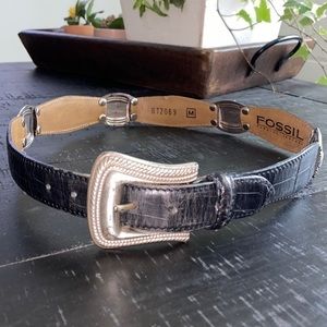 Fossil Black Silver Leather Country Medium Belt